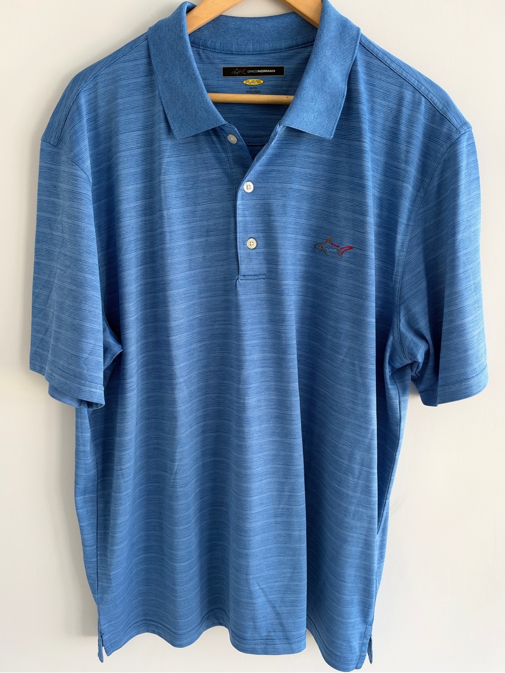 Greg Norman Play Dry Mens XL Blue Golf Polo Shark Logo Performance Striped